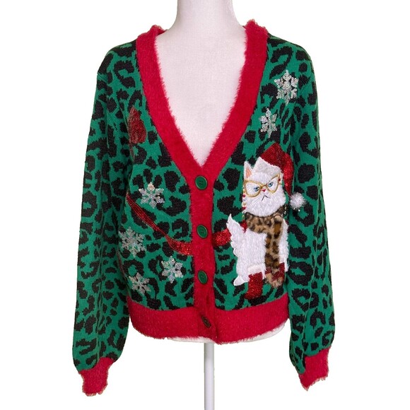 33 Degrees Women's Cat Ugly Christmas Sweater Size Small Green Red White NEW - Picture 1 of 7